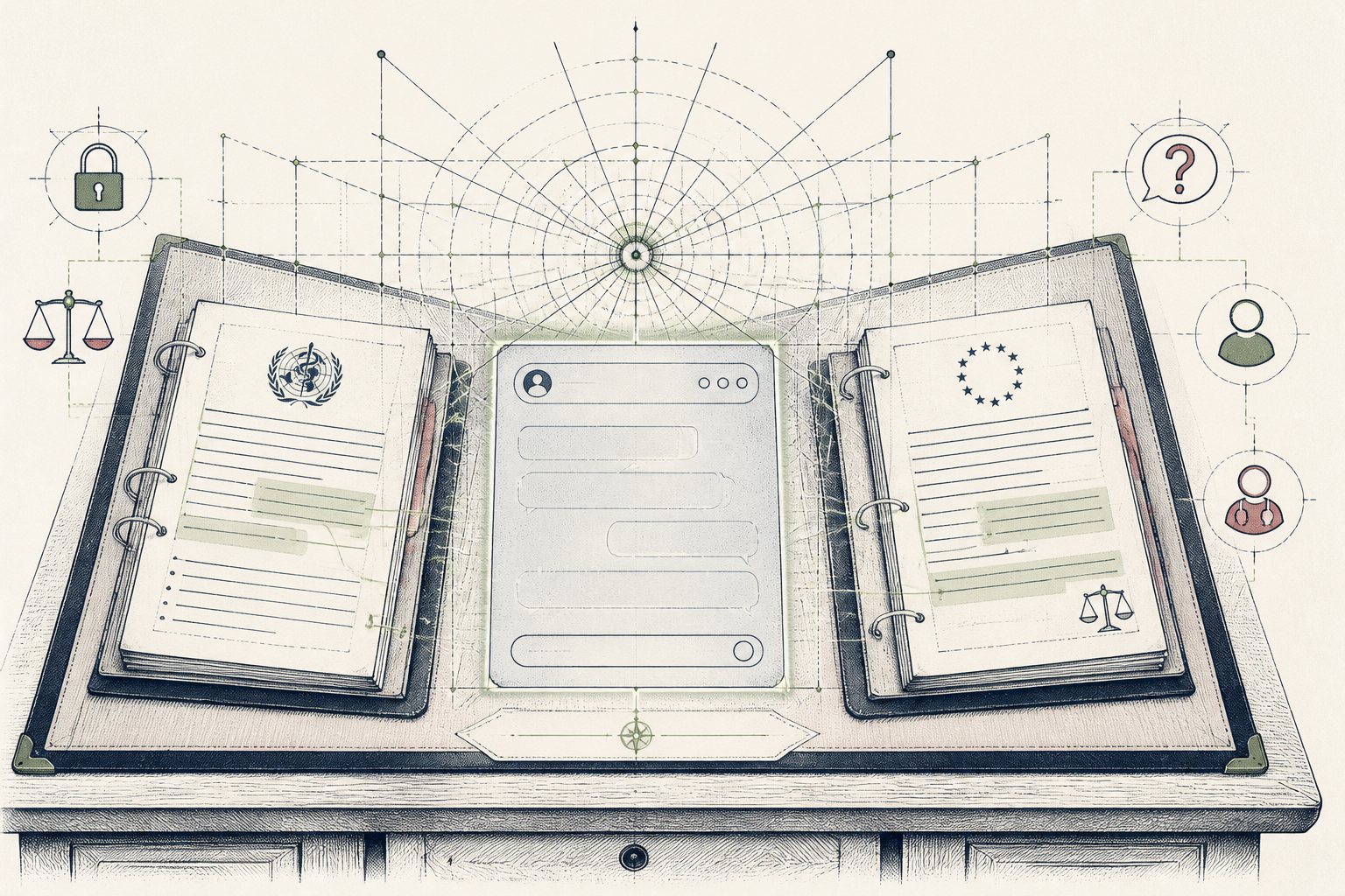 A small olive YOU node sits at the centre of three navy governance rings — evidence, oversight, record — with a rose accountability tag on the outermost ring.