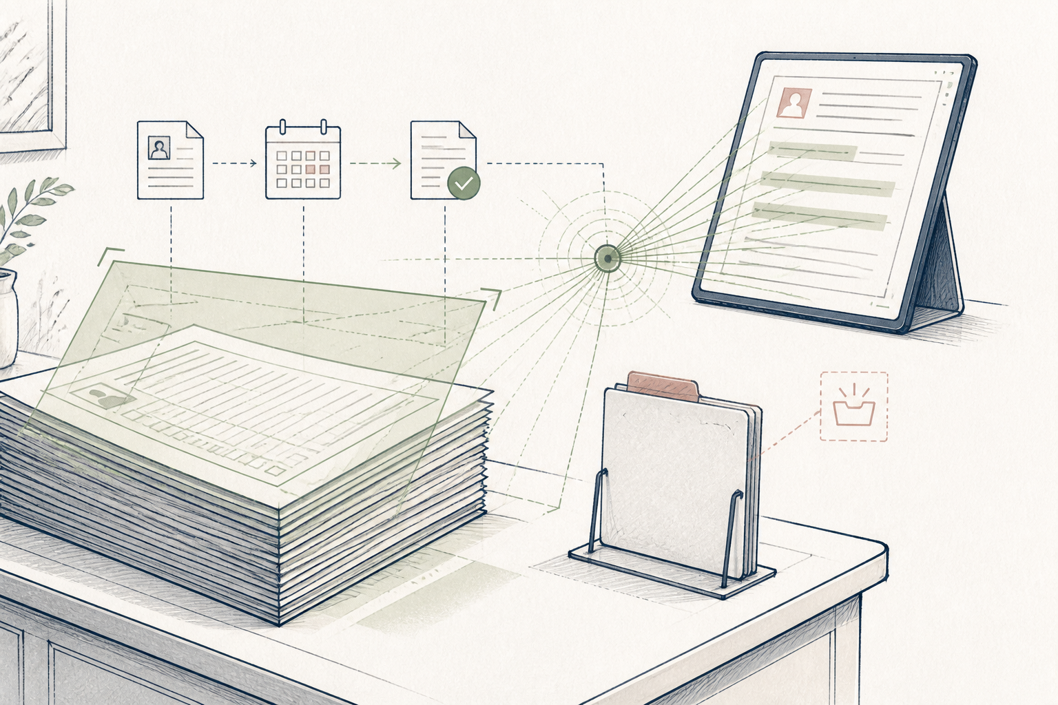 A single navy desk labelled ONE SEAT with an olive person node doing the drafting; a tabbed client file feeds in, drafts pass an olive sign-off diamond, and a hairline chart shows evening hours returning.