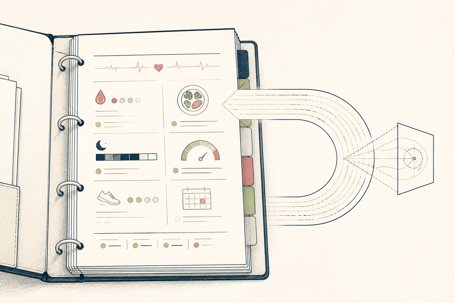 A built personal-health system presented on a navy tray and handed across a canvas ground, an olive key resting on top and a human sign-off check at the handover point.