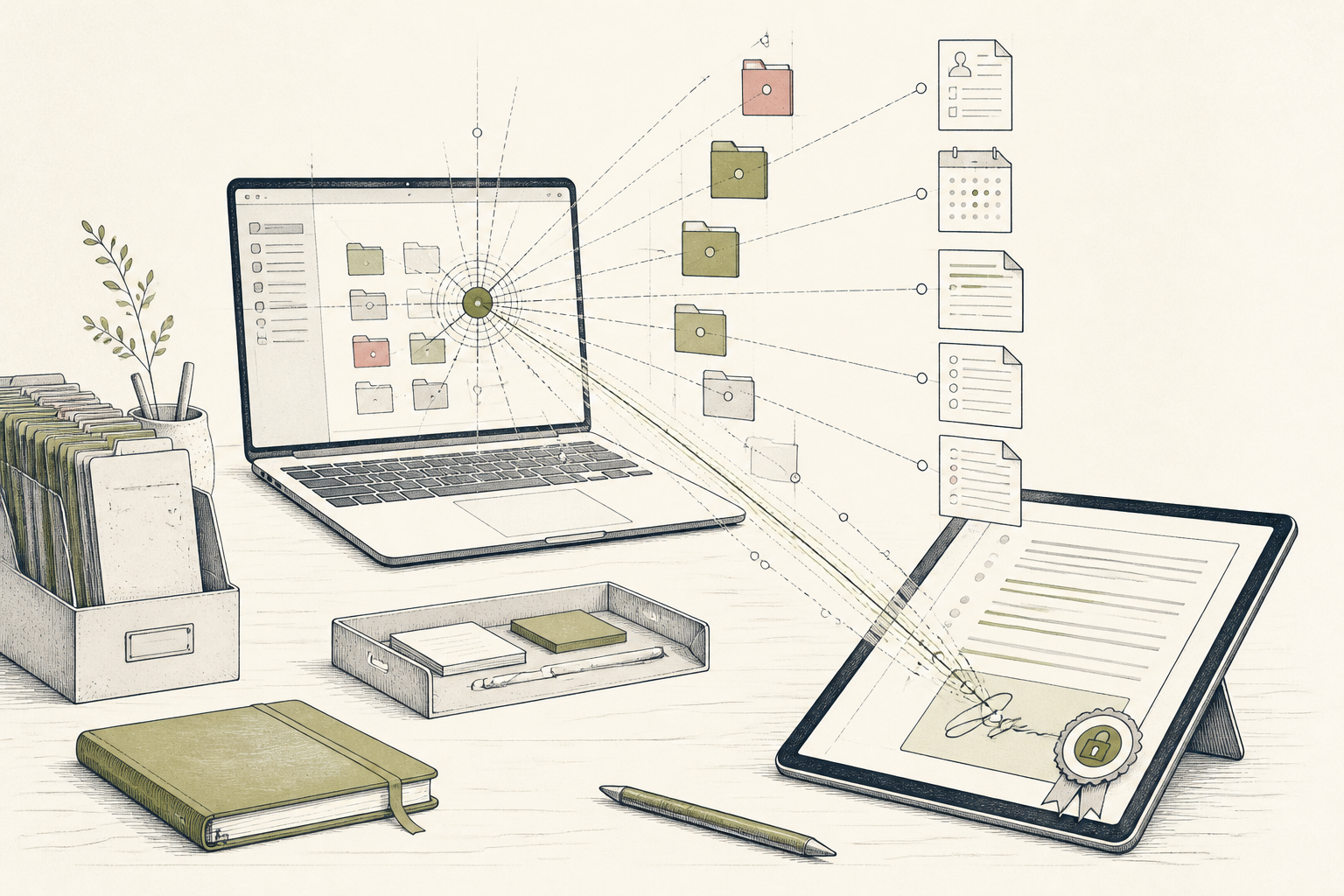 A solo-practice desk delivered fully assembled: a navy workbench with an olive associate seat, an induction binder and a client room already in place, and a human sign-off stamp at the corner on a canvas ground.