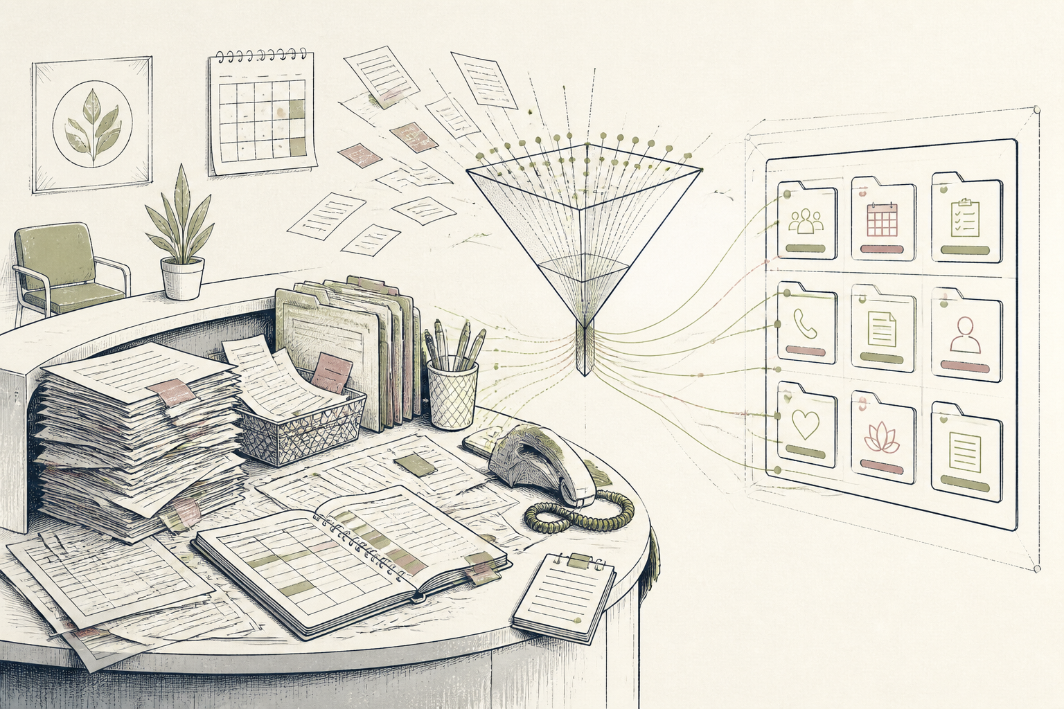 A hairline organisation chart: a navy clinic node branches to human role boxes and to one filled navy worker desk marked with an olive checkmark, seated beside a dashed next-hire box, with an olive note reading a human signs off.
