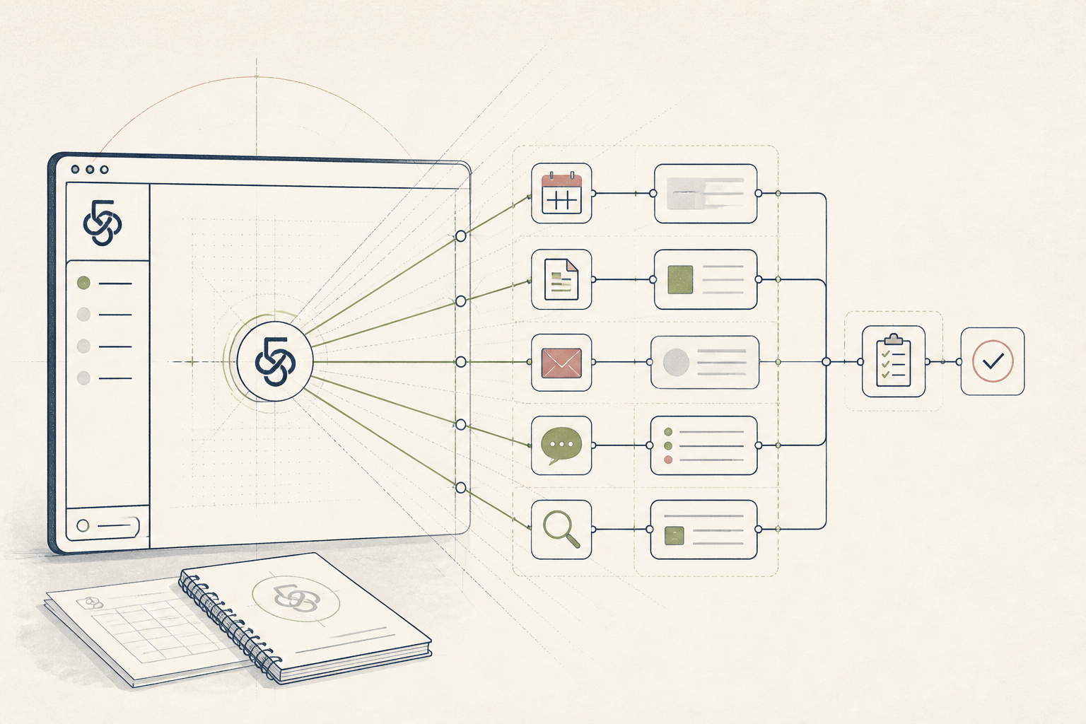 One navy seat desk at the centre, inducted by an olive handbook card and wired by olive hairlines to three connector nodes labelled inbox, calendar and forms; its output passes an olive sign-off stamp before reaching a porcelain client node.