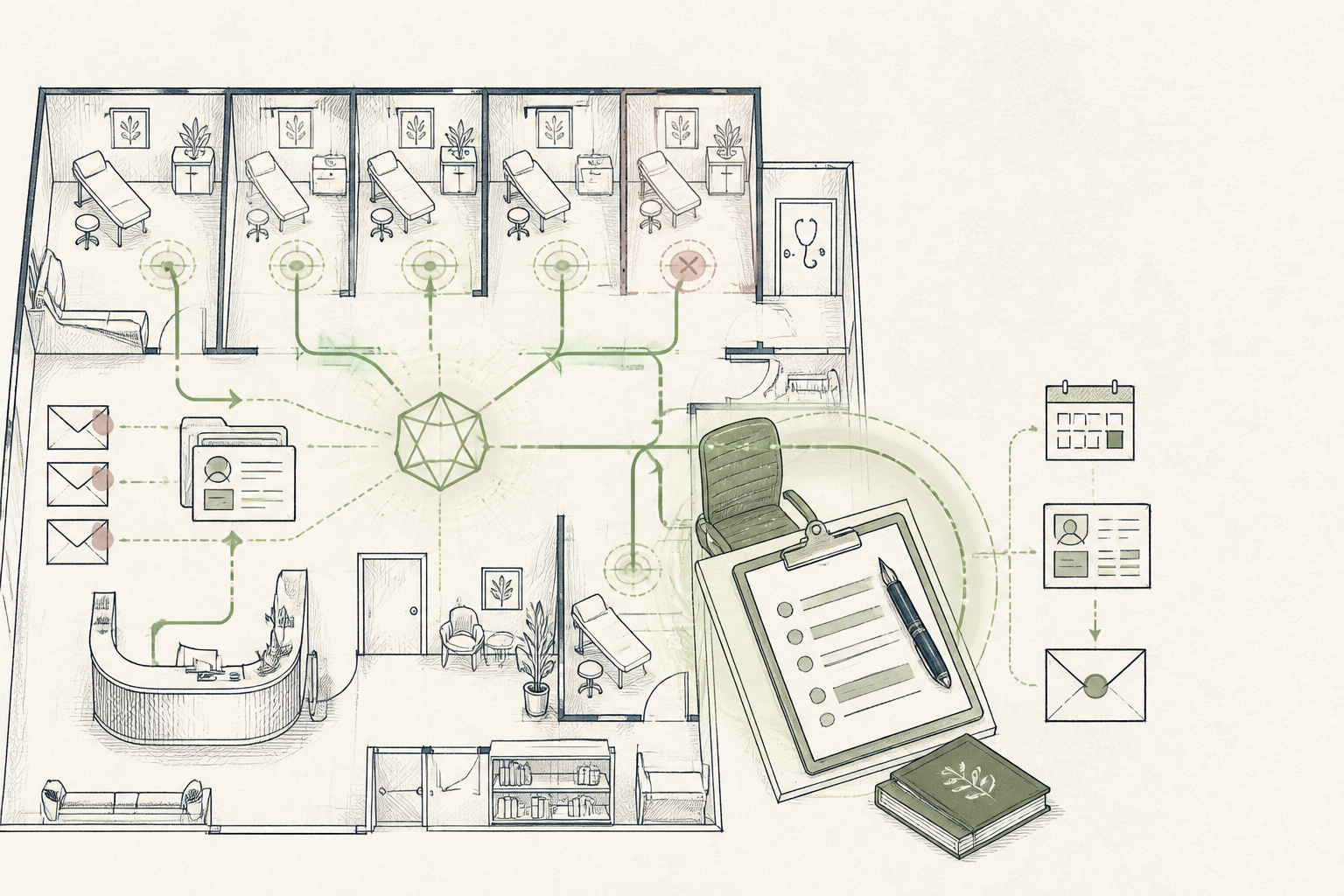 A three-frame build filmstrip labelled STARTING, WORKING and IMPLEMENTED: a cold inbox of unread enquiry cards, then three workflow rooms lighting up around one olive seat wired to a read-only connector, then a gap-closed meter reading full with a human sign-off stamp.