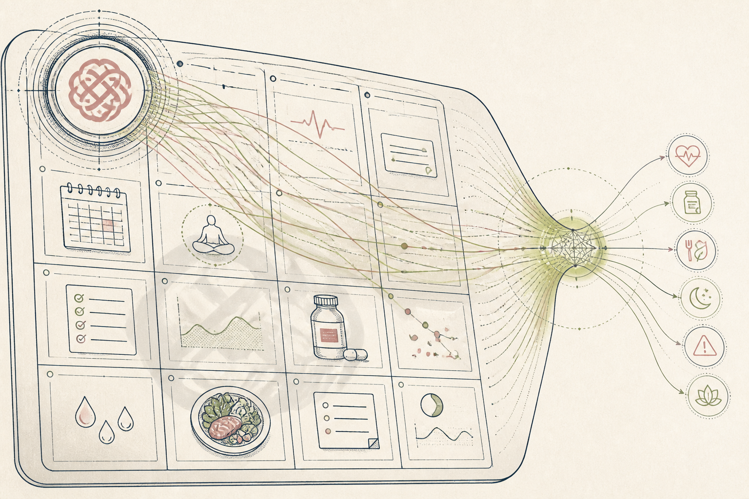 A small olive YOU node hands a task card across a navy baseline to a large navy worker panel, which returns a finished ledger card marked with an olive checkmark, while a faded, crossed-out chatbot speech bubble sits below.